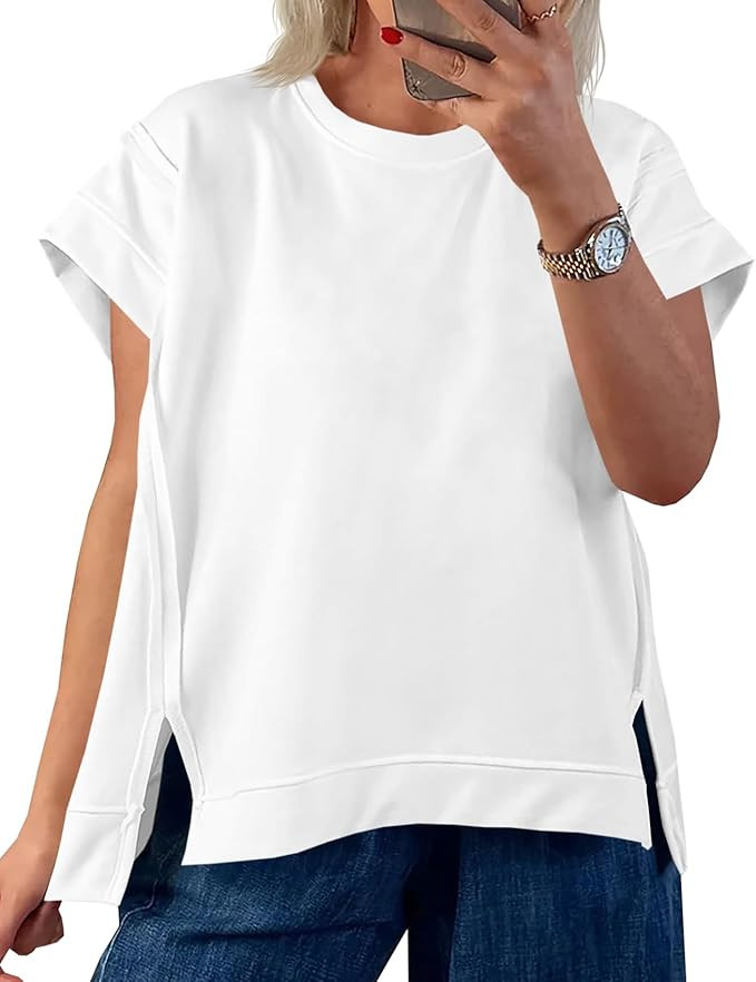 Tankaneo Womens Oversized Short Cap Sleeve T-Shirts Crew Neck Side Slit Tops Summer Casual Loose ... | Amazon (US)