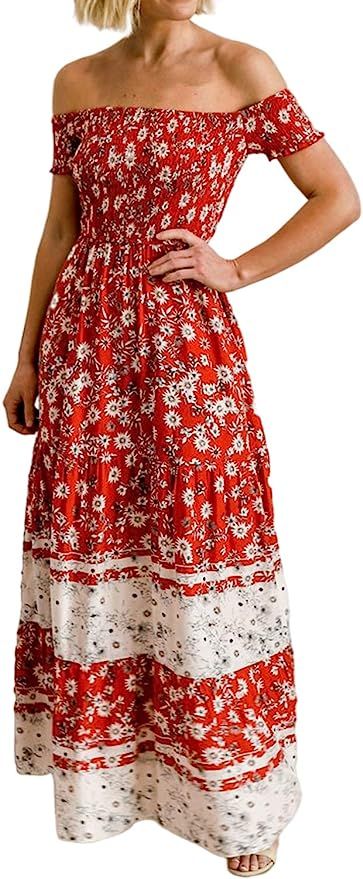 Candacore Women's Boho Floral Off The Shoulder Ruffle Sleeve Maxi Dress | Amazon (US)