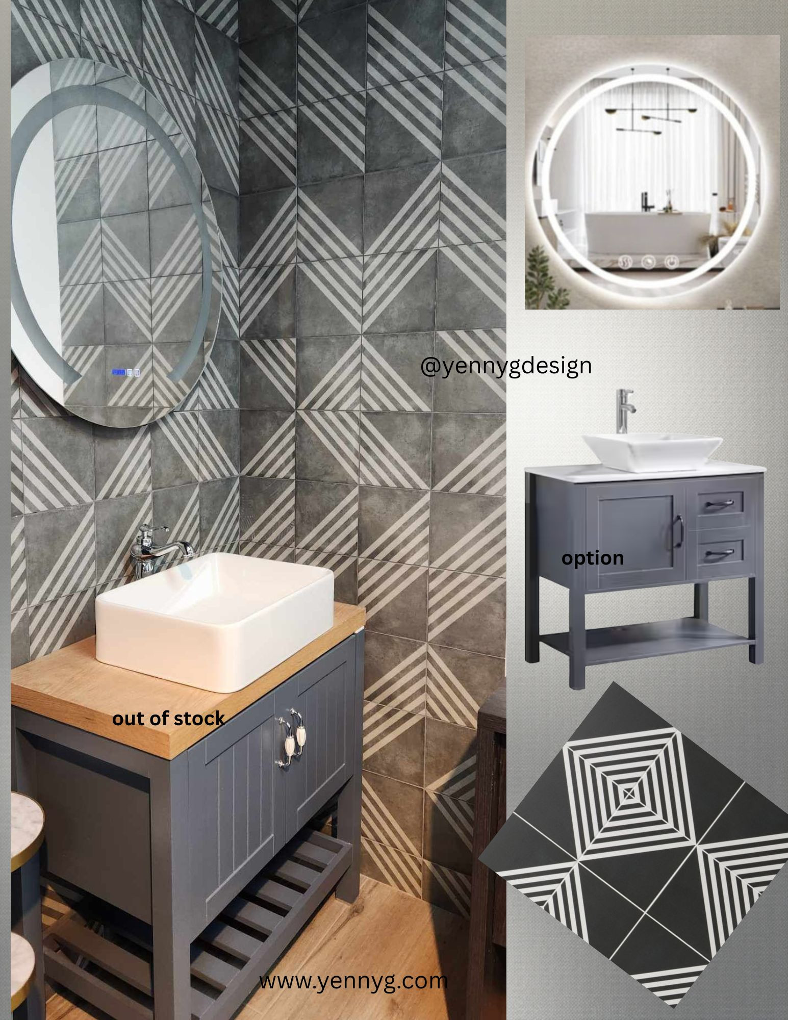 This bathroom design presentation back in 2022, and I still love it today 🤍
It is a modern, clean, and bold look using geometric tile patterns, warm wood, and soft gray tones to create a spa-style space that feels elevated but cozy.

The original sink in this photo is no longer available, but I found a beautiful replacement model with the same modern style that works perfectly for this design — and I linked it here for you.

One of my favorite parts of this project is the tile layout — you can mix, rotate, and flip the pattern to create endless designs and make your bathroom truly unique.

If you’re thinking about updating your bathroom, this is a beautiful place to start ✨
Tap to shop the sink, mirror, and tile inspiration in my LTK. 

 #LTKHome #LTKSaleAlert #LTKMens