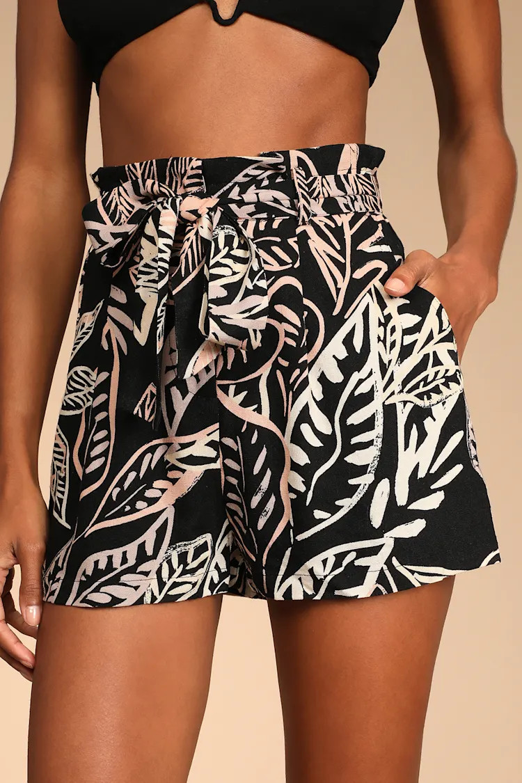 Breezy Vibes Black Tropical Print Belted Paperbag Waist Shorts | Lulus (US)