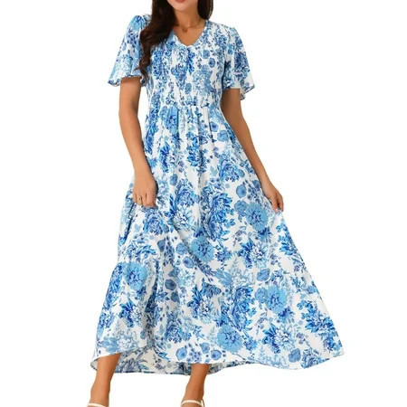 DARING DIVA Women s Floral Short Flutter Sleeve Flowy Maxi Dresses L Blue | Walmart (US)