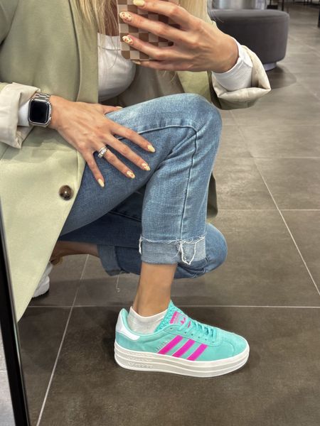 Trying Adidas Gazelle in turquoise color! Definitely recommend to size down! I wear Sambas at size 7, and I needed to go down to 5.5!

Spring sneakers • new shoes 

#LTKshoecrush #LTKSeasonal