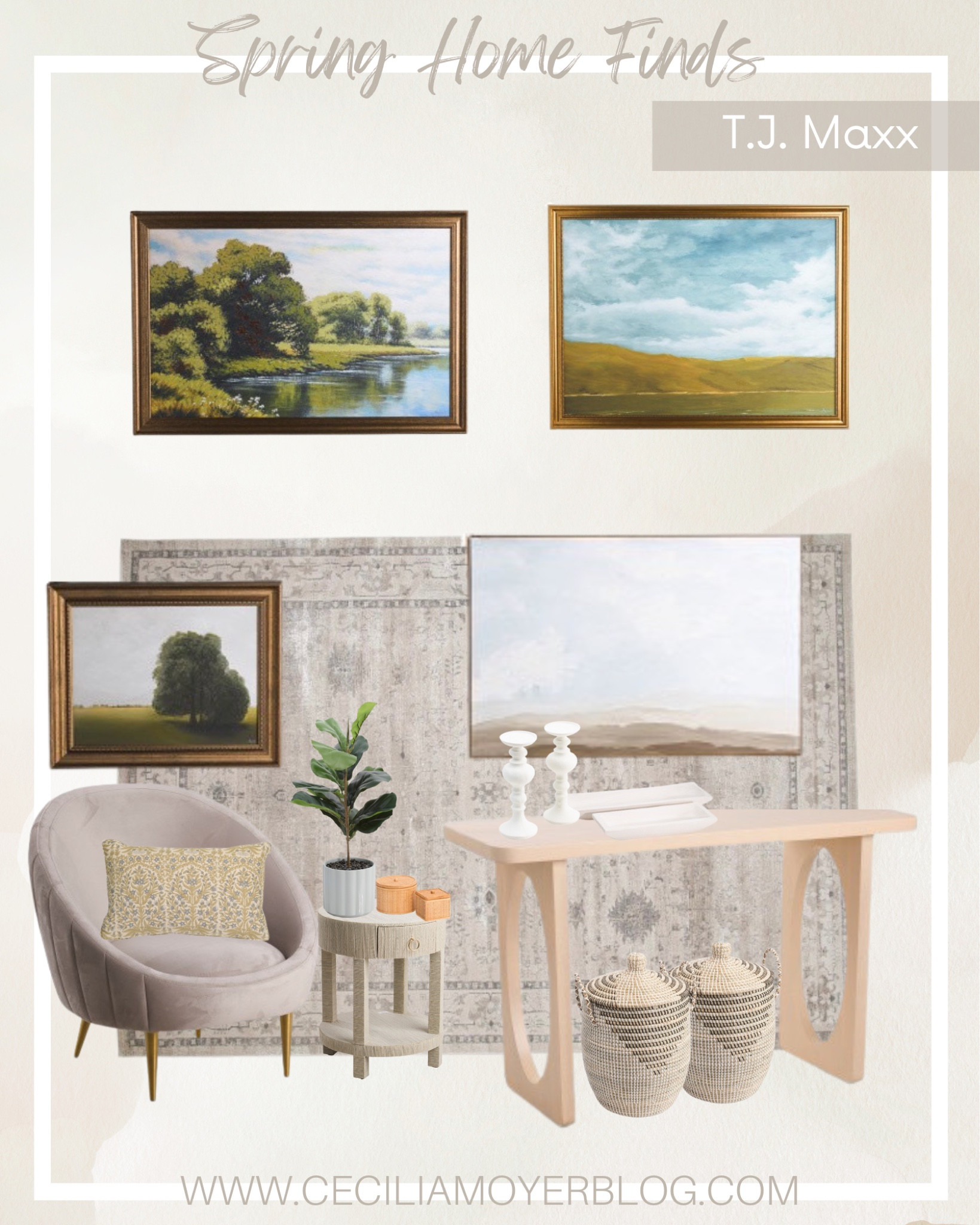 Tj maxx spring decor - living room decor - console table - lounge chair - artwork - wall decor - side table - area rug - entryway decor A foyer decor - classic style - modern vintage 

#LTKunder100 #LTKsalealert #LTKhome