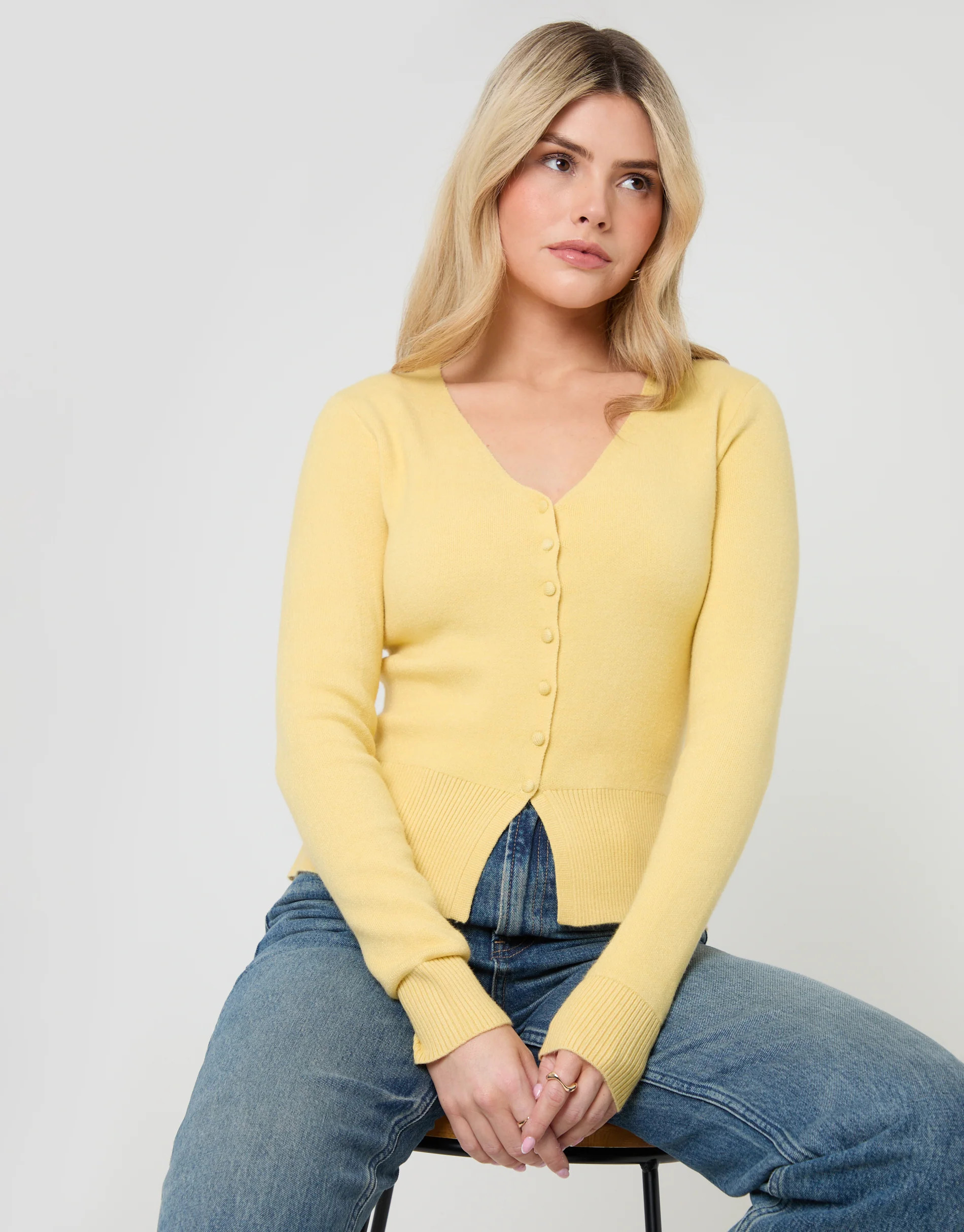 Yellow V Neck Compact Knitted Cardigan | Threadbare