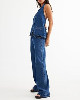 Fisoew Women's Two Piece Denim Set Button Down Backless Tank Top and Wide Leg Jeans 2 Piece Outfi... | Amazon (US)