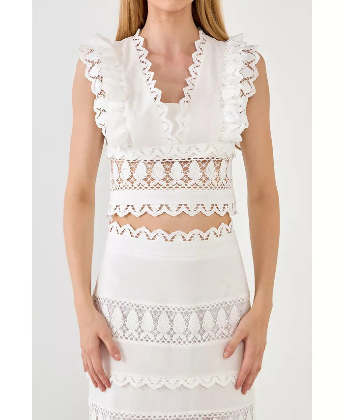 Women's Plunging Neck Lace Trim Top | Macys (US)