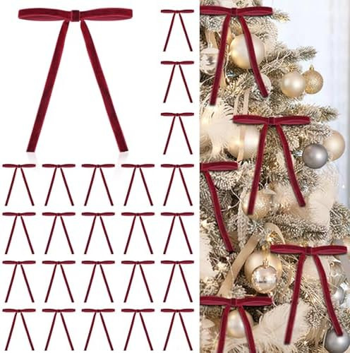 24 Pcs Red Velvet Christmas Ornaments, Rustic Velvet Bows for Christmas Tree, 5x7 Inch Pre-Tied V... | Amazon (US)