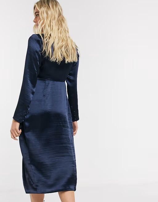 ASOS DESIGN Maternity wrap midi dress in high shine Navy satin | ASOS (Global)