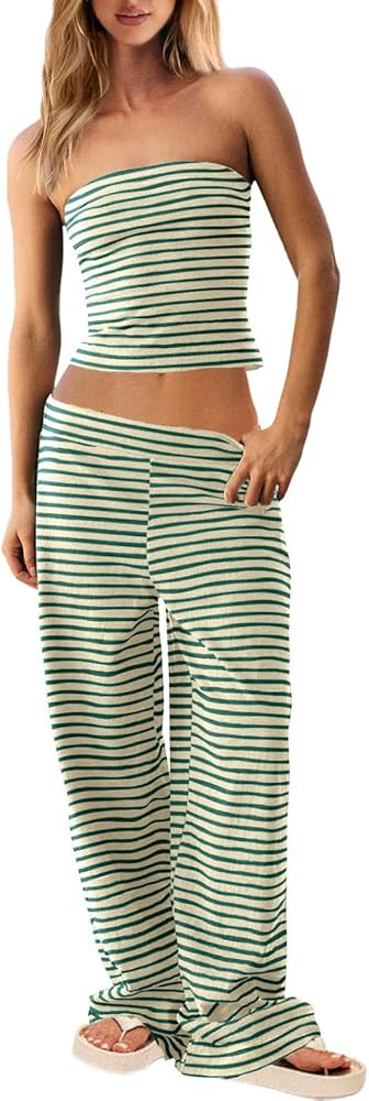 UNIANKIYA Womens Striped Pant Sets 2 Piece Strapless Tube Top and Wide Leg Pants Summer Casual Be... | Amazon (US)