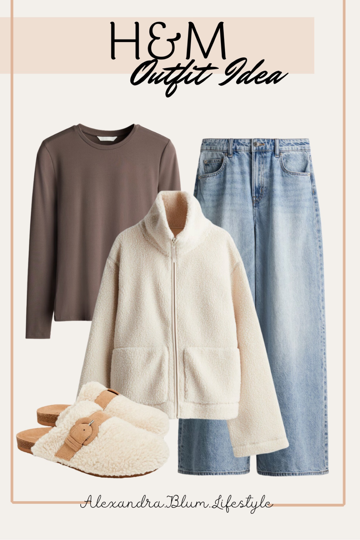 Casual relaxed fall outfit idea from H&M! Sherpa oversized jacket, wide leg baggy jeans, and a basic long sleeve t-shirt all under $30!! Cute Sherpa clogs perfect for fall and winter! 

#LTKShoeCrush #LTKSeasonal #LTKFindsUnder50