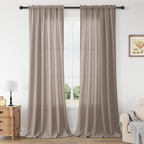 Guken Camel Linen Curtains 96 Inches Long 2 Panel Set Rod Pocket Semi Sheer Dining Room Cozy Bedroom Decor Cotton Look Country Rustic Farmhouse Boho Curtains 52x96 | Amazon (US)