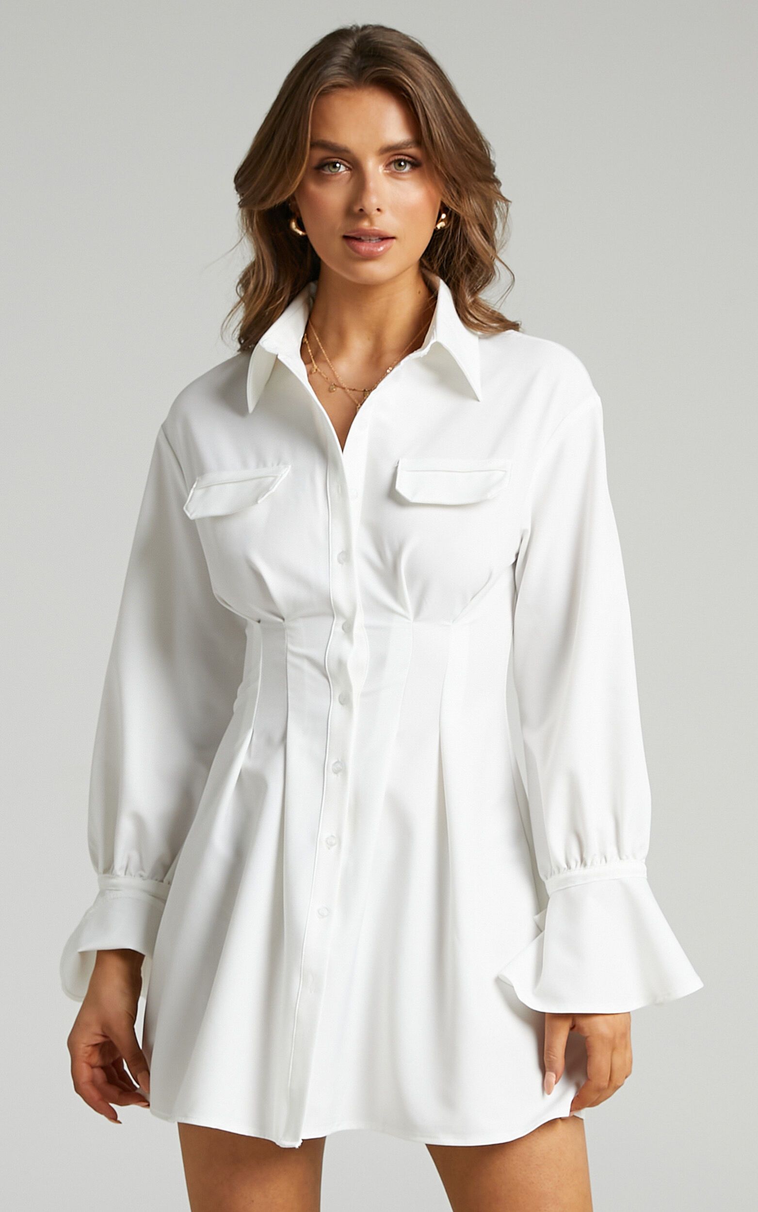 Romi Cuffed Long Sleeve Shirt Dress with Cinched Waist in White | Showpo - deactived