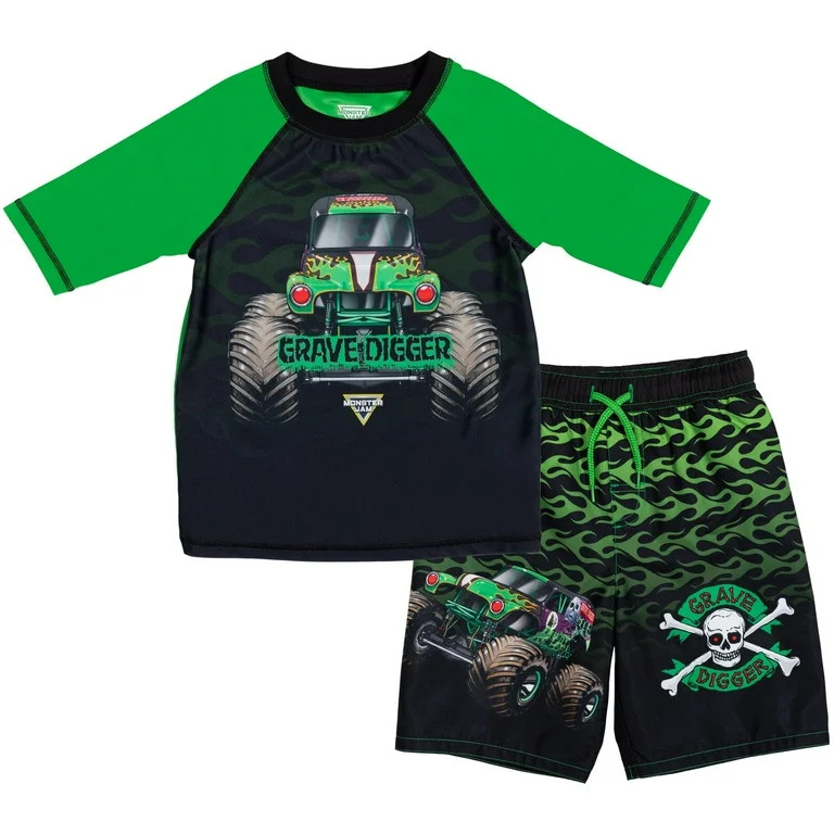 Monster Jam Grave Digger UPF 50+ Pullover Rash Guard Swim Trunks Outfit Set Toddler to Big Kid | Walmart (US)