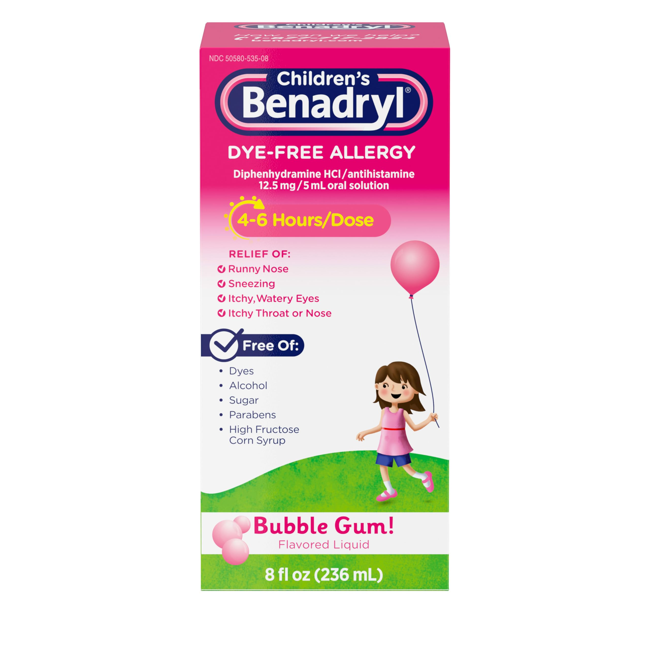 Benadryl Children's Dye-Free Allergy Relief Liquid + 12.5 mg Diphenhydramine HCl, Antihistamine A... | Amazon (US)