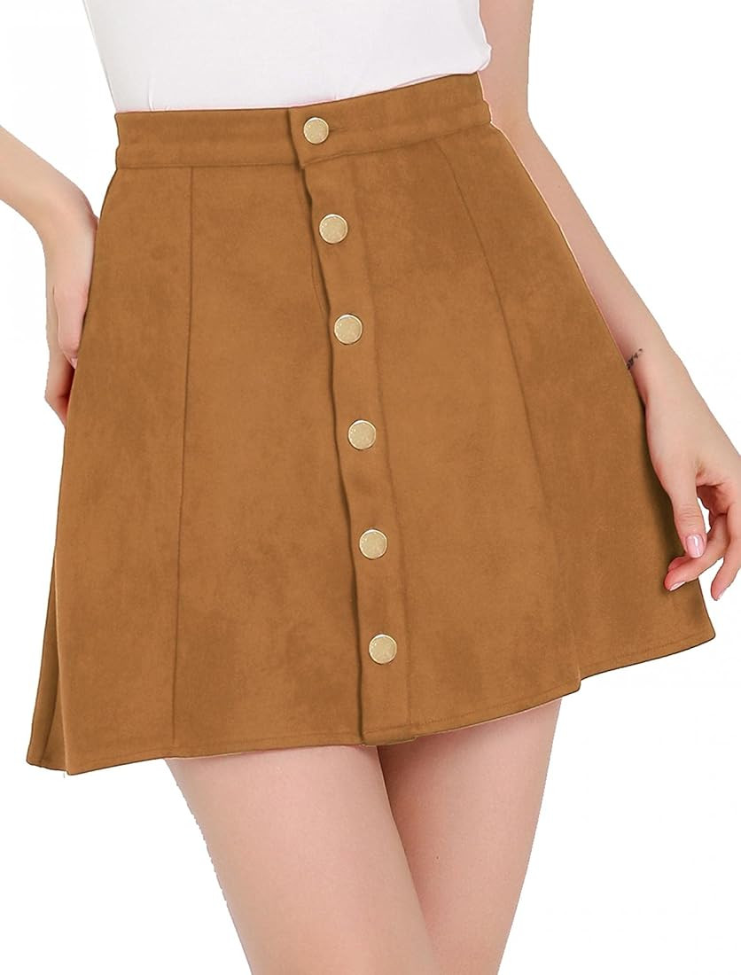 Allegra K Women's Faux Suede Button Closure A-Line High Waisted Flared Mini Short Skirt | Amazon (US)