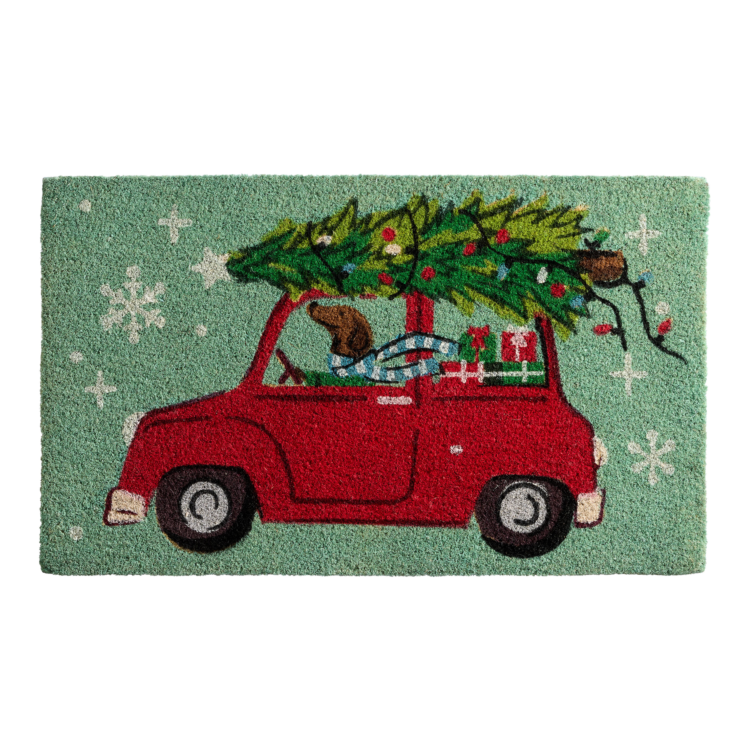 Dog Driving Red Car with Holiday Tree Coir Doormat | World Market