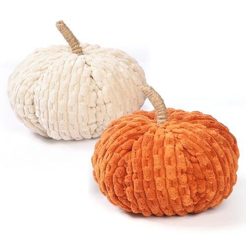 Lcuasc 2pcs Faux Pumpkins Fall Harvest Fabric Plush Pumpkin Thanksgiving Halloween Decor for Table Centerpiece Farmhouse (Beige Orange) | Amazon (US)