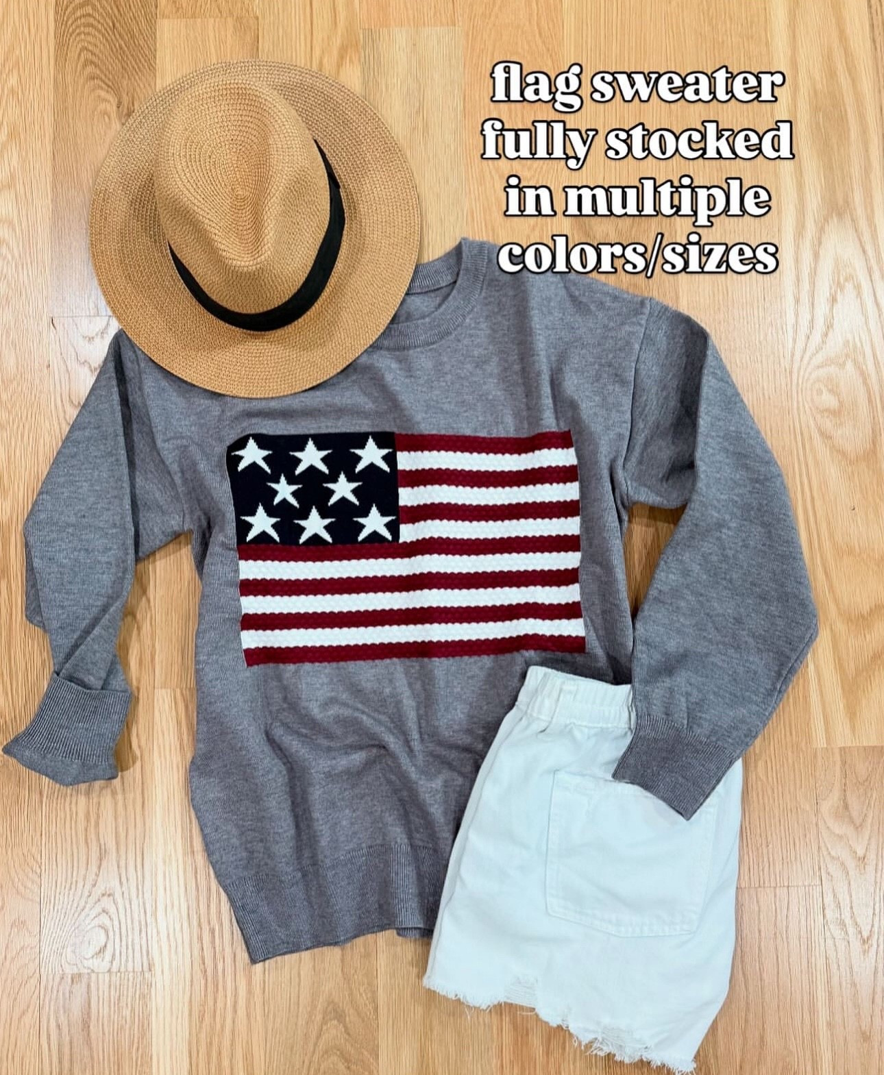 Flag sweater that is fully stocked, comes in multiple colors & would be perfect for the Fourth of July!!

#LTKSeasonal #LTKMidsize #LTKOver40