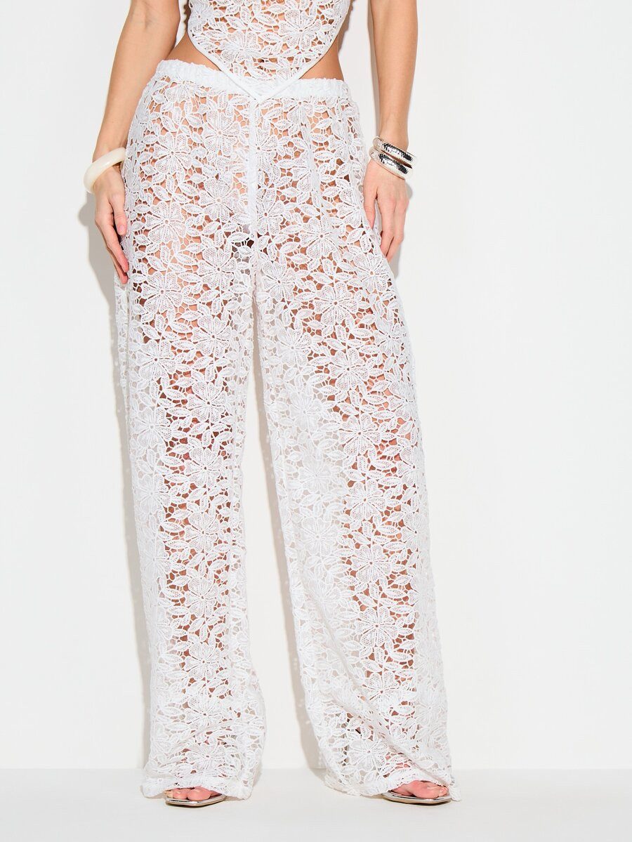 KIZN Women's White Crochet Floral Palazzo Wide Leg High Rise Elastic Waistband Boho Beach Vacatio... | SHEIN