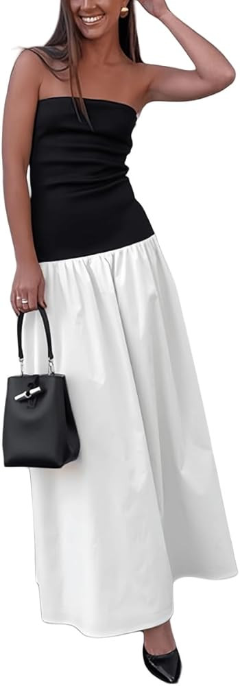 YOXUA Women's Summer Strapless Sleeveless Patchwork A-Line Tube Long Maxi Dress Off Shoulder Beac... | Amazon (US)