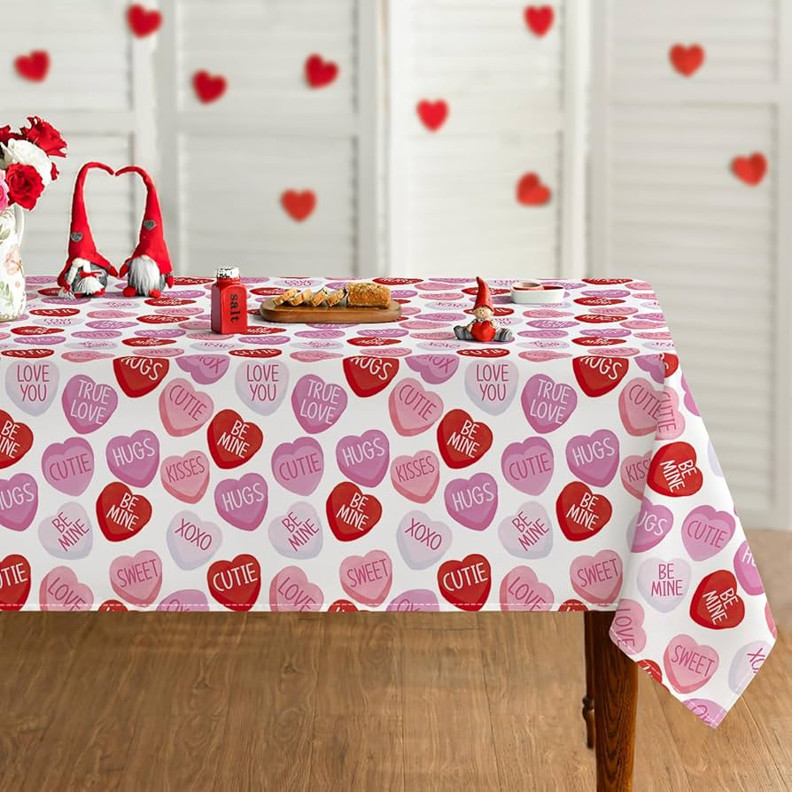 Horaldaily Valentine's Day Tablecloth 60×84 Inch Rectangle, Pink Colored Love Hearts with Words Washable Table Cover for Party Picnic Dinner Decor | Amazon (US)