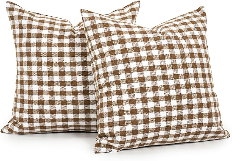 CARRIE HOME Outdoor Khaki and White Buffalo Plaid Pillow Covers 20x20 Set of 2, Khaki White Gingh... | Amazon (US)