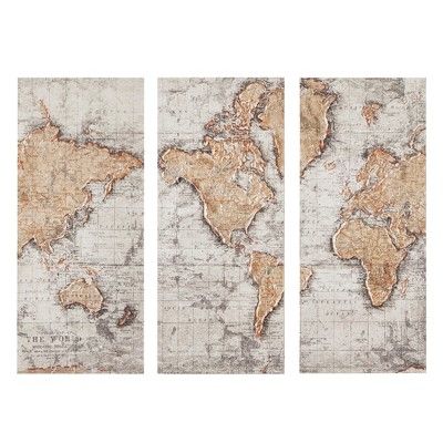 (Set of 3) 15&#34; x 35&#34; Map of The World Printed Canvas Natural | Target