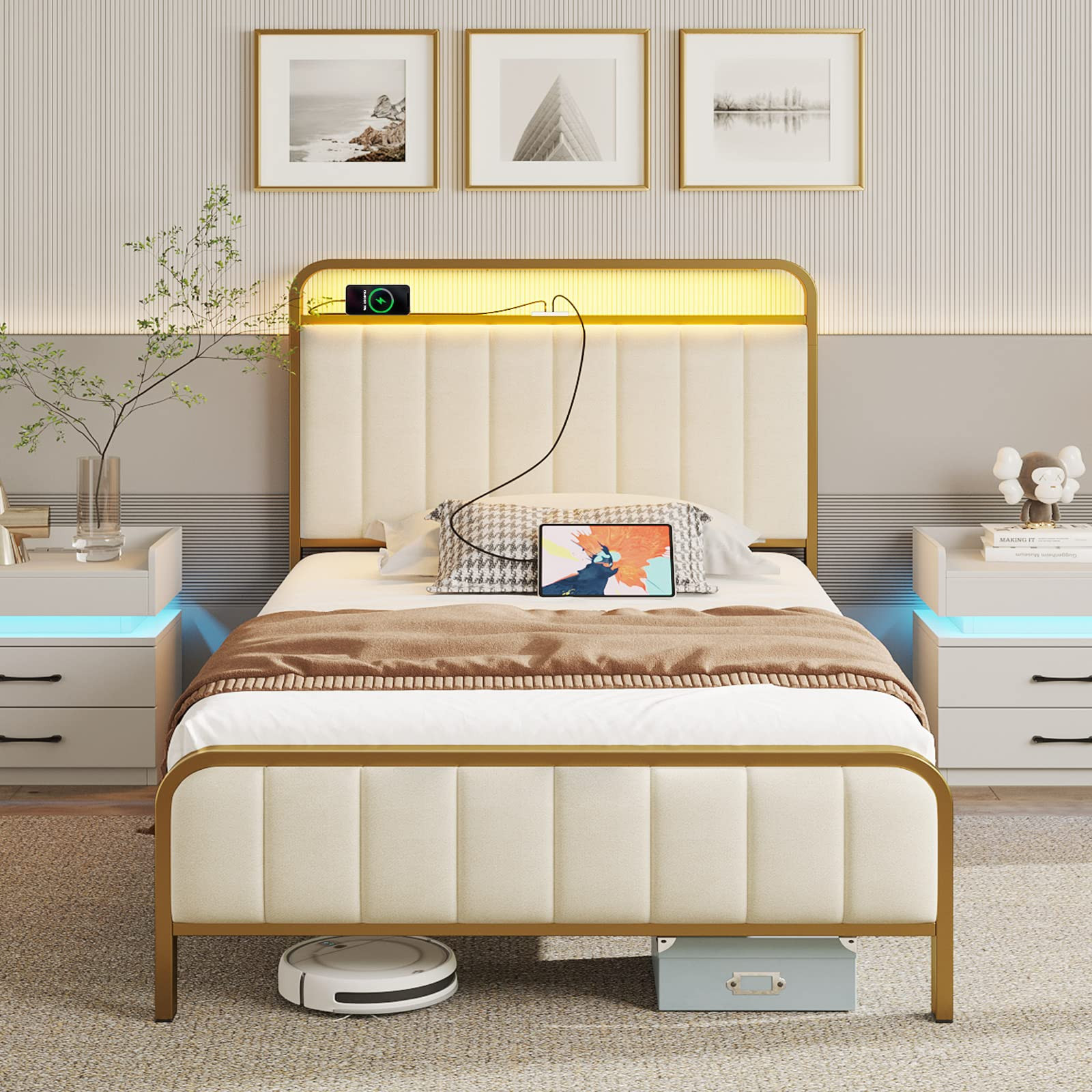 Rolanstar Twin Size Bed Frame with LED Light and Charging Station, Upholstered Headboard and Foot... | Amazon (US)
