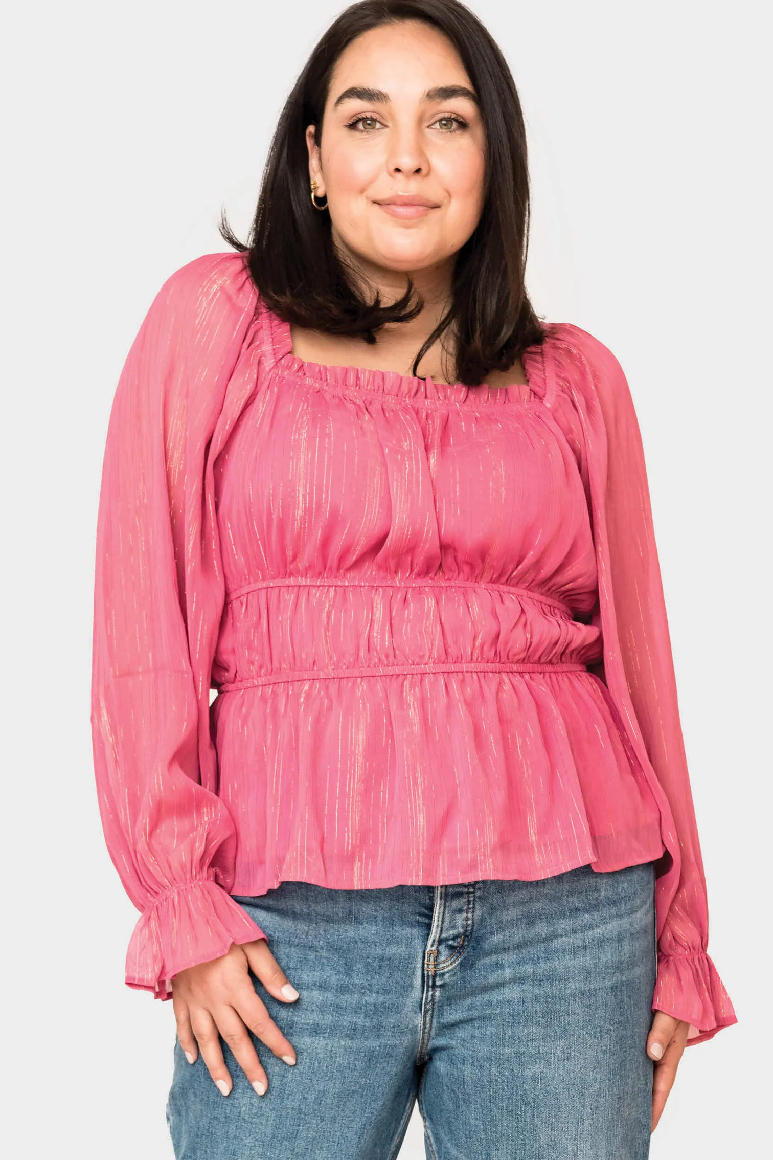 Square Neck Smocked Waist Long Sleeve Blouse | Gibson