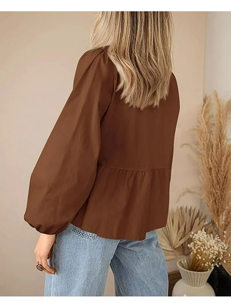 PRETTYGARDEN Women's Spring Fall Babydoll Peplum Blouse Shirt Puff Long Sleeve Bow Tie Front Tren... | Walmart (US)