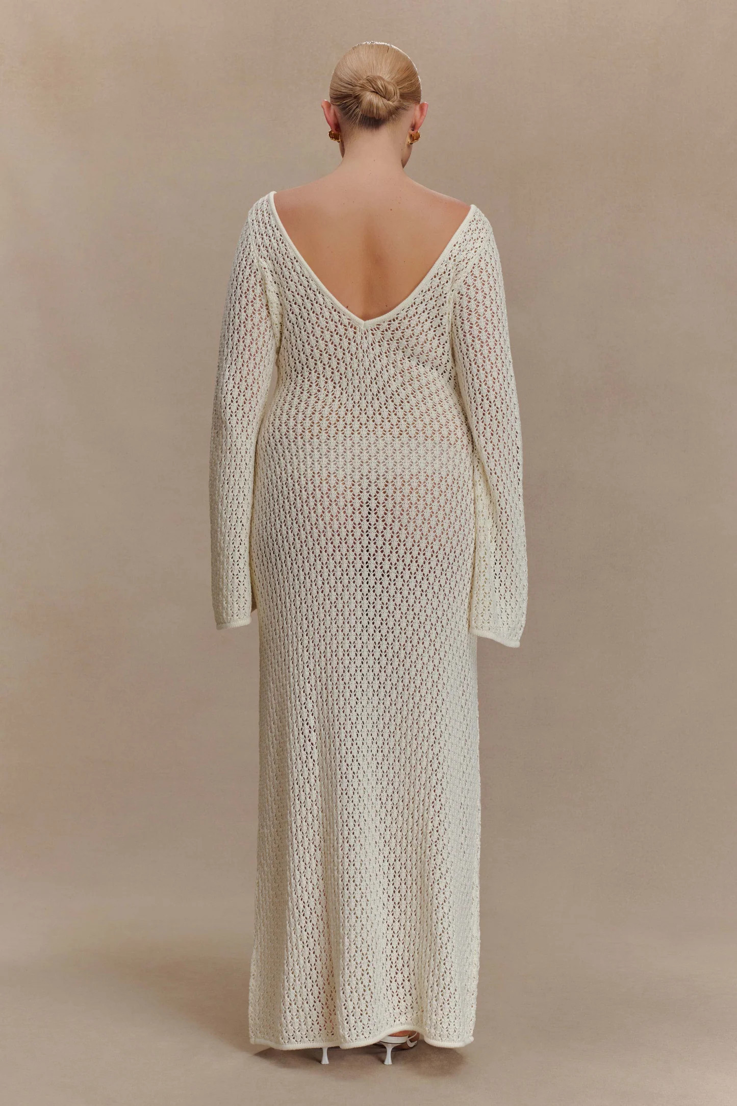 Kayleigh Crochet Fishtail Flare Sleeve Maxi Dress - White | MESHKI US