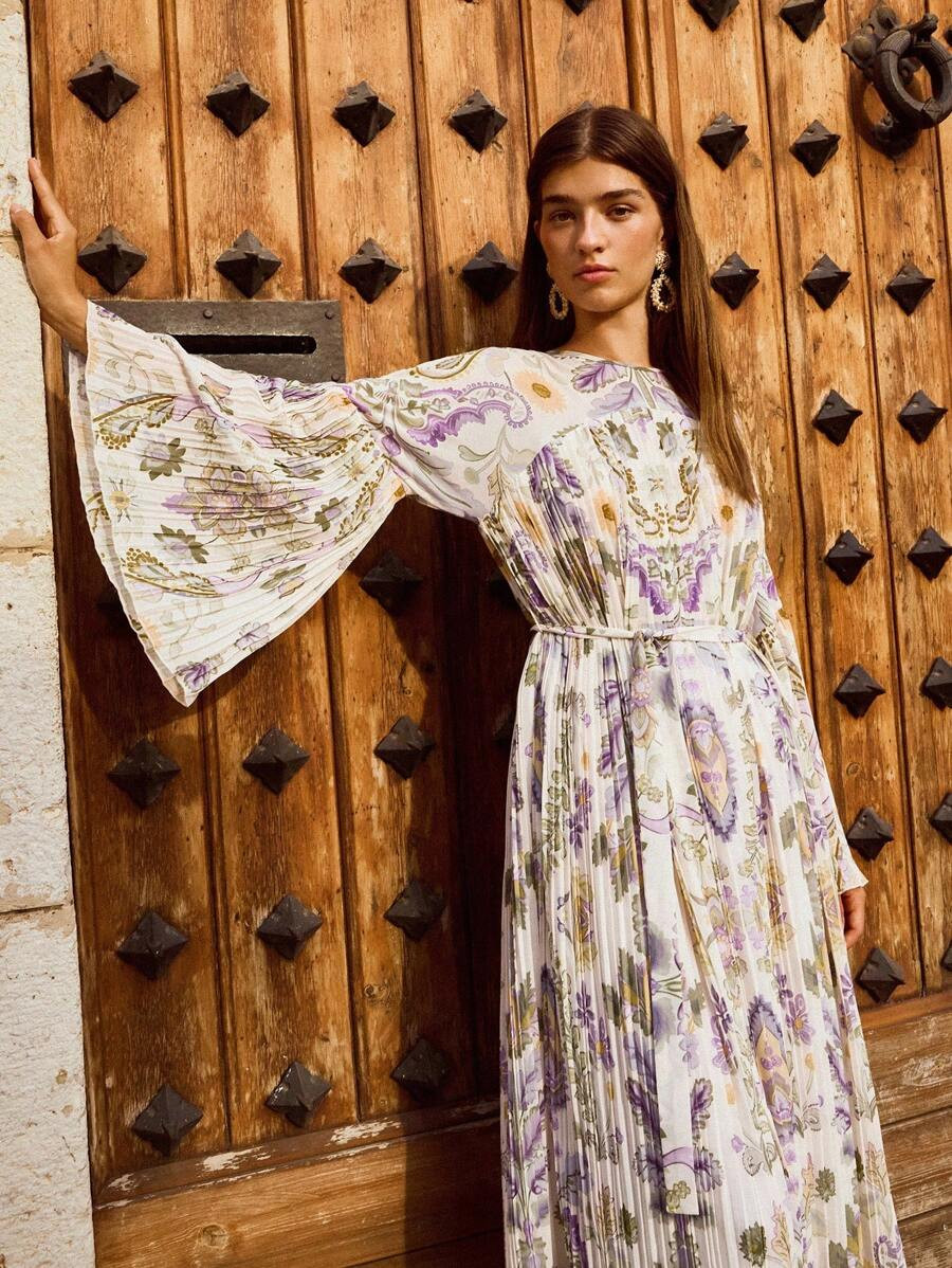 Maija Full Print Flare Sleeve Belted Dress, Vacation Style Boho Dress Women Long Floral Dress Wom... | SHEIN