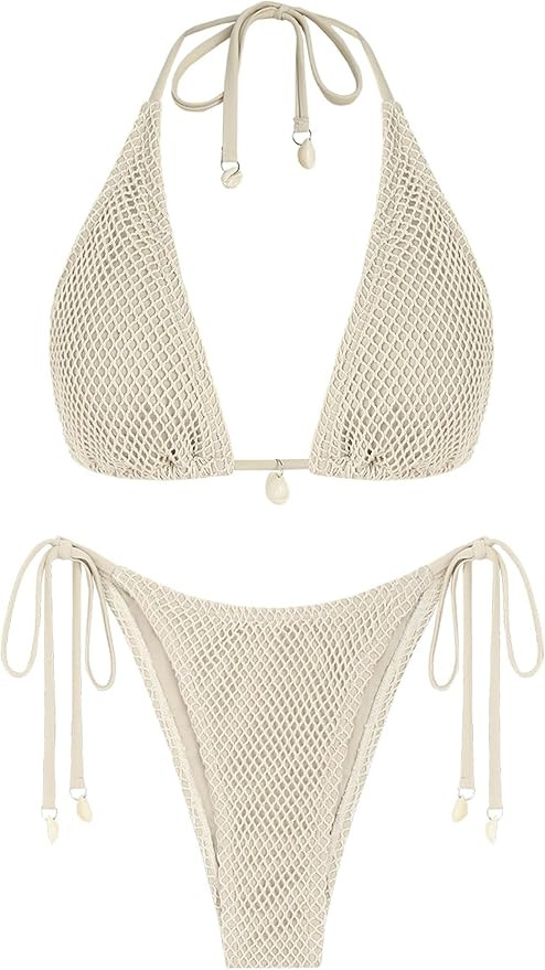 ZAFUL Women's Triangle Bikini Multiway Fishnet Tie Side Bandeau Halter String Bikini Set Two Piec... | Amazon (US)