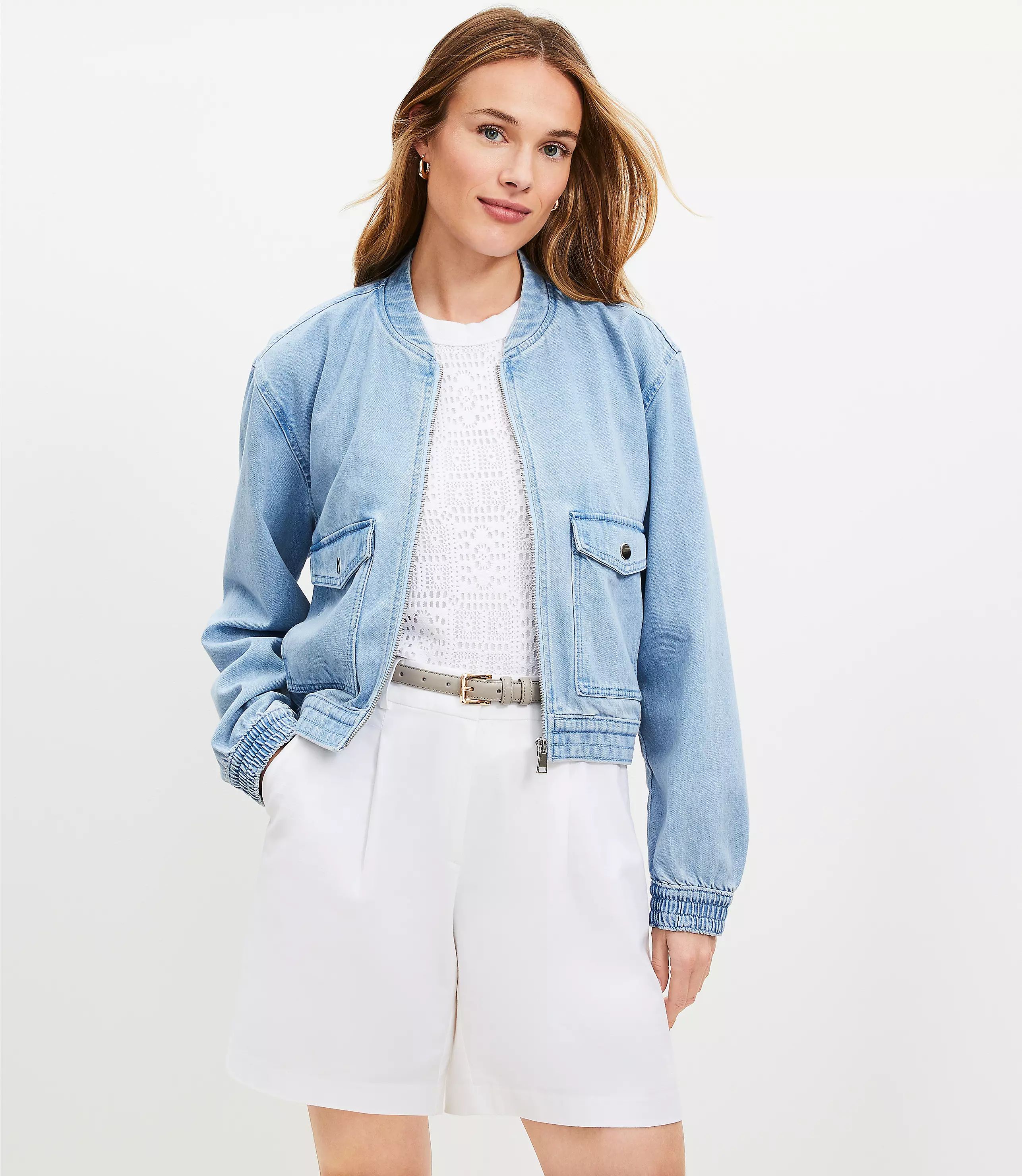 Petite Denim Bomber Jacket in Light Wash | LOFT