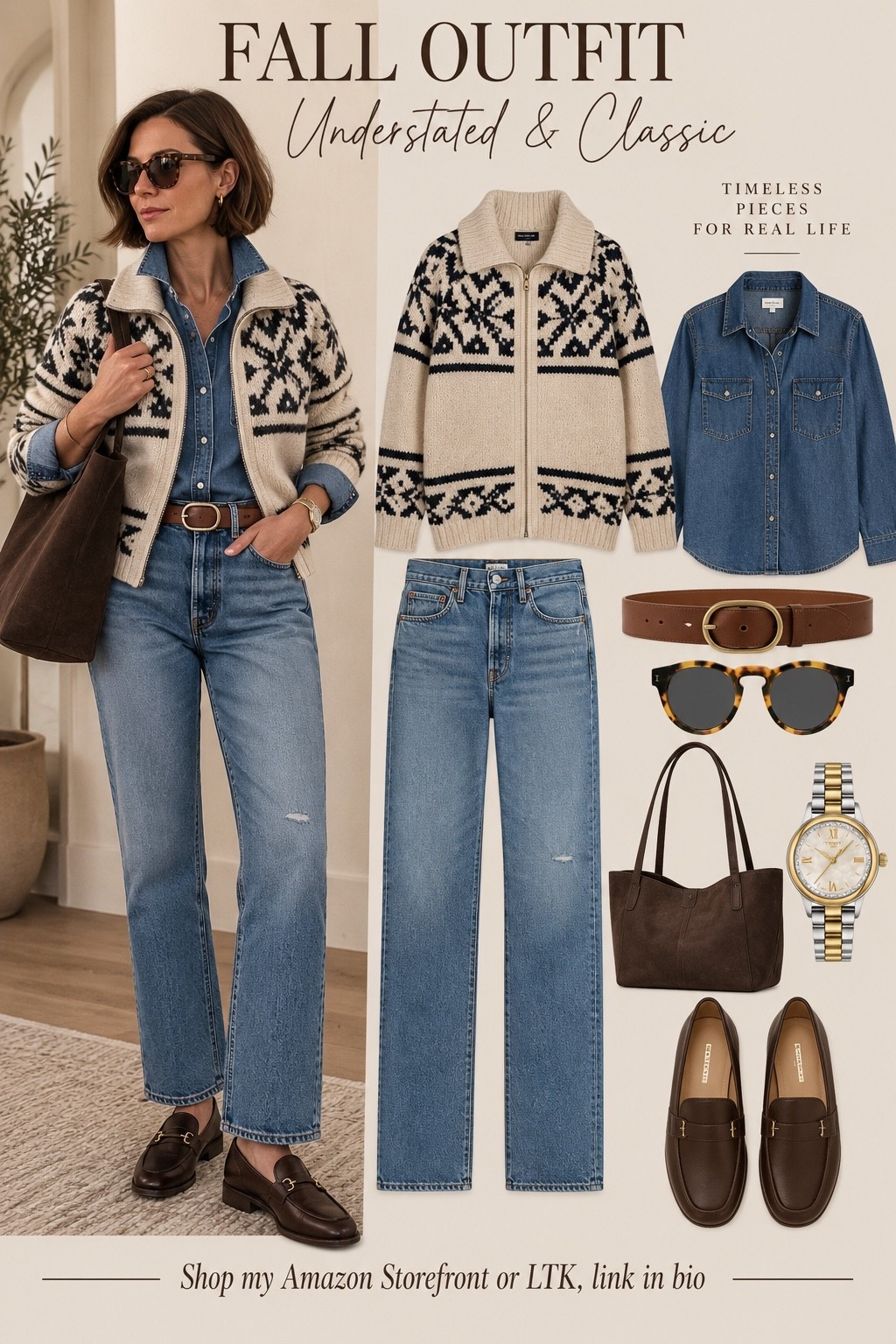 Understated, classic, and so good for fall. 🍂 I love the mix of denim-on-denim with this cozy patterned cardigan—it has that timeless Ralph Lauren-inspired feel without the designer price tag. Add rich brown accessories and loafers and suddenly simple everyday pieces feel polished and elevated.

Easy, wearable, and made up of pieces you’ll reach for year after year. 🤎

#LTKOver40 #LTKMidsize #LTKootd