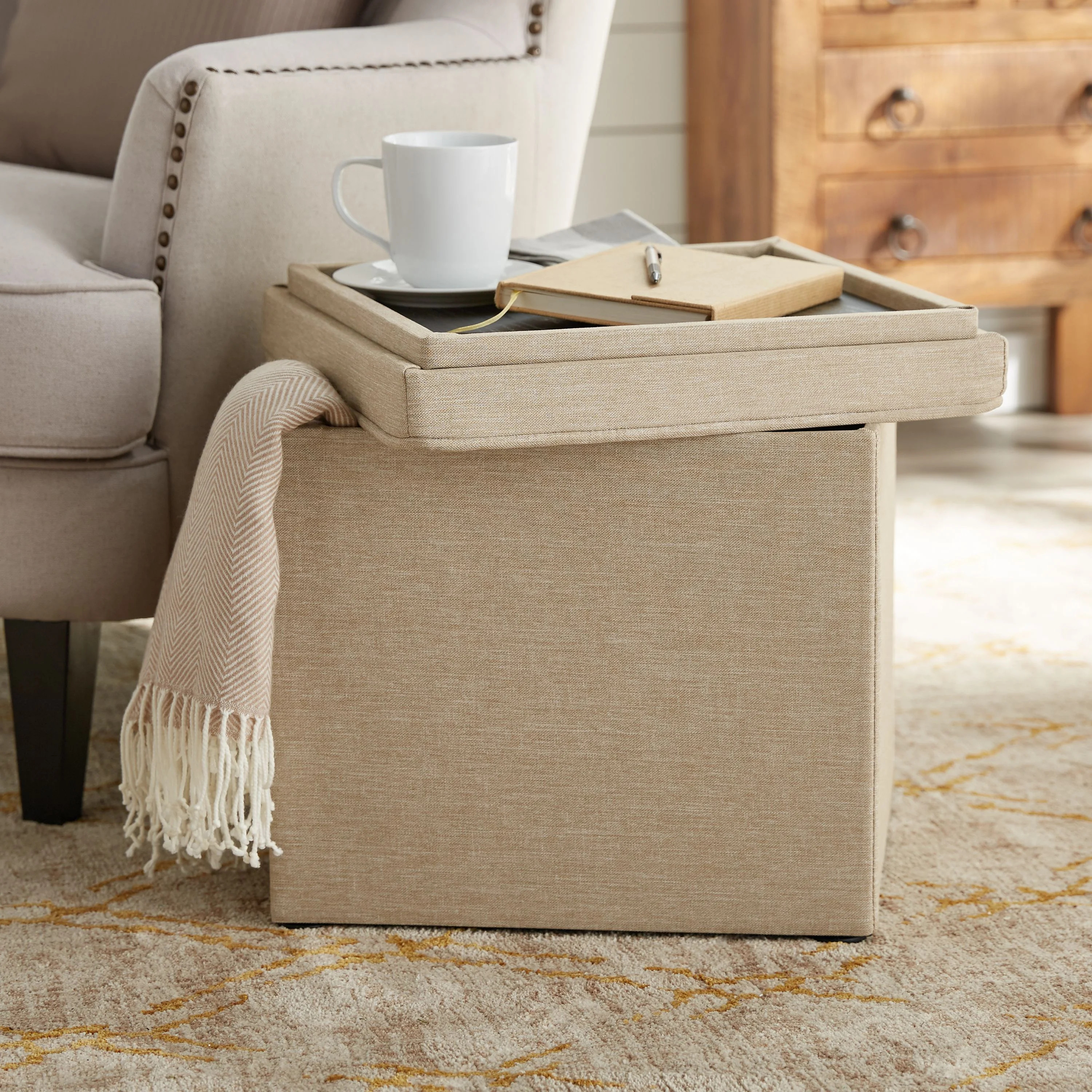 Better Homes & Gardens Storage Ottoman with Tray, 16", Tan - Walmart.com | Walmart (US)