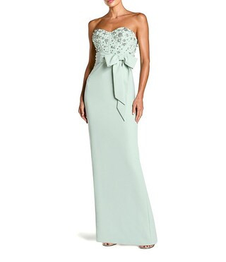 Crepe Embellished Bustier Bow Strapless Long Gown | Dillard's