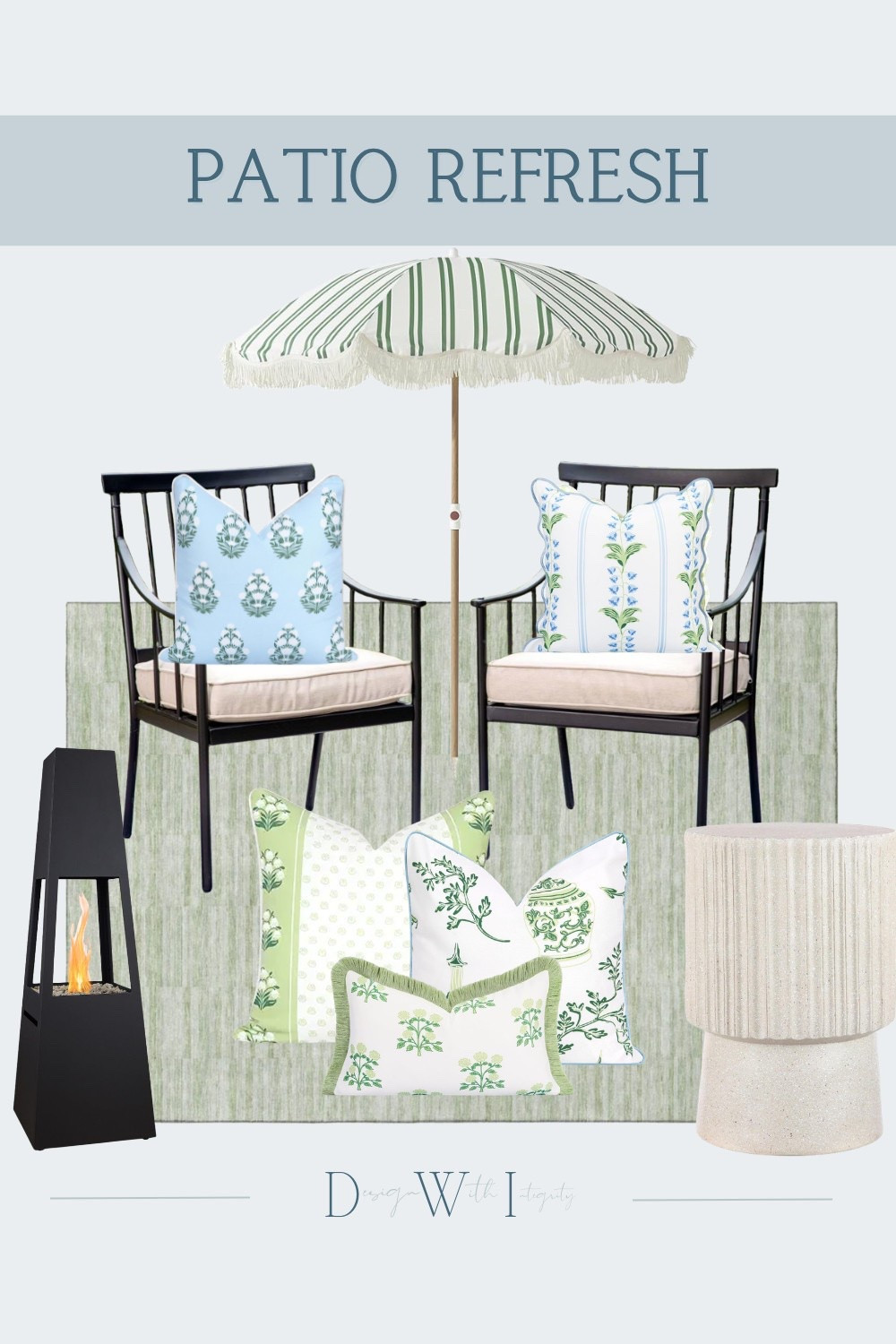 This patio refresh combines classic garden inspired patterns with fresh shades of sage and sky blue for a space that feels timeless and collected. I love the contrast of the black outdoor chairs against the soft striped umbrella, layered block print pillows, and textured green rug. The sculptural side table and sleek fire feature add just the right balance of modern and traditional details for an inviting outdoor retreat.

If you're ready to refresh your patio, tap through to shop the look and save your favorite pieces for your own outdoor oasis.

#OutdoorLiving #PatioDecor #BackyardInspiration

outdoor living, patio refresh, garden inspired decor, block print pillows, green outdoor decor, blue outdoor pillows, patio chairs, striped umbrella, outdoor rug, backyard styling, patio accessories, fire feature, outdoor entertaining, coastal garden style, shop the look 

 #LTKHome

#LTKHome #LTKSeasonal