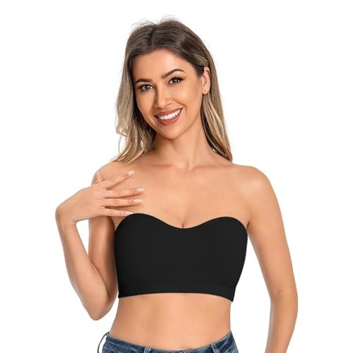 ZHNZBLA Strapless Bras for Women Non-Slip Silicone Padded Bandeau Bra Seamless Wireless Strapless Bra Comfort Tube Top Bralette with Straps,Black,M | Amazon (US)