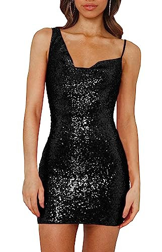 Tsher Women's Black Sequin Dress Sexy Backless Sparkly Party Bodycon Mini Dresses (Black Sequin, L) | Amazon (US)