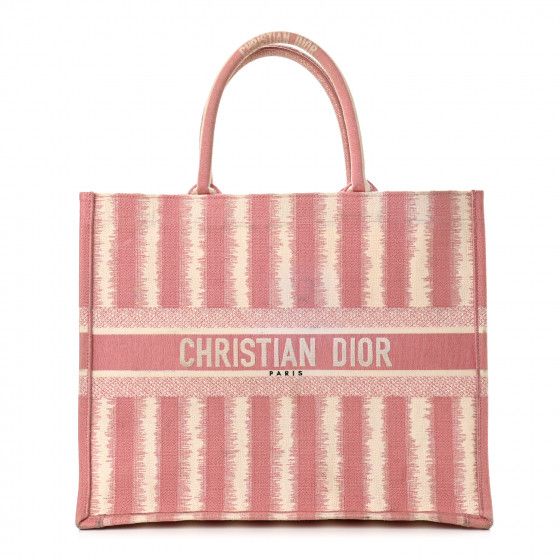 CHRISTIAN DIOR Canvas Embroidered Large Striped Book Tote Pink | Fashionphile