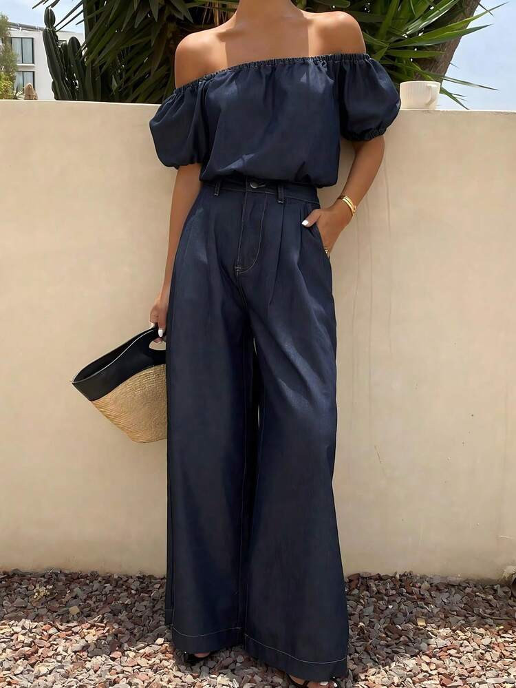 Livesso Women Denim Two Pieces Outfits, Off Shoulder Top | SHEIN USA | SHEIN