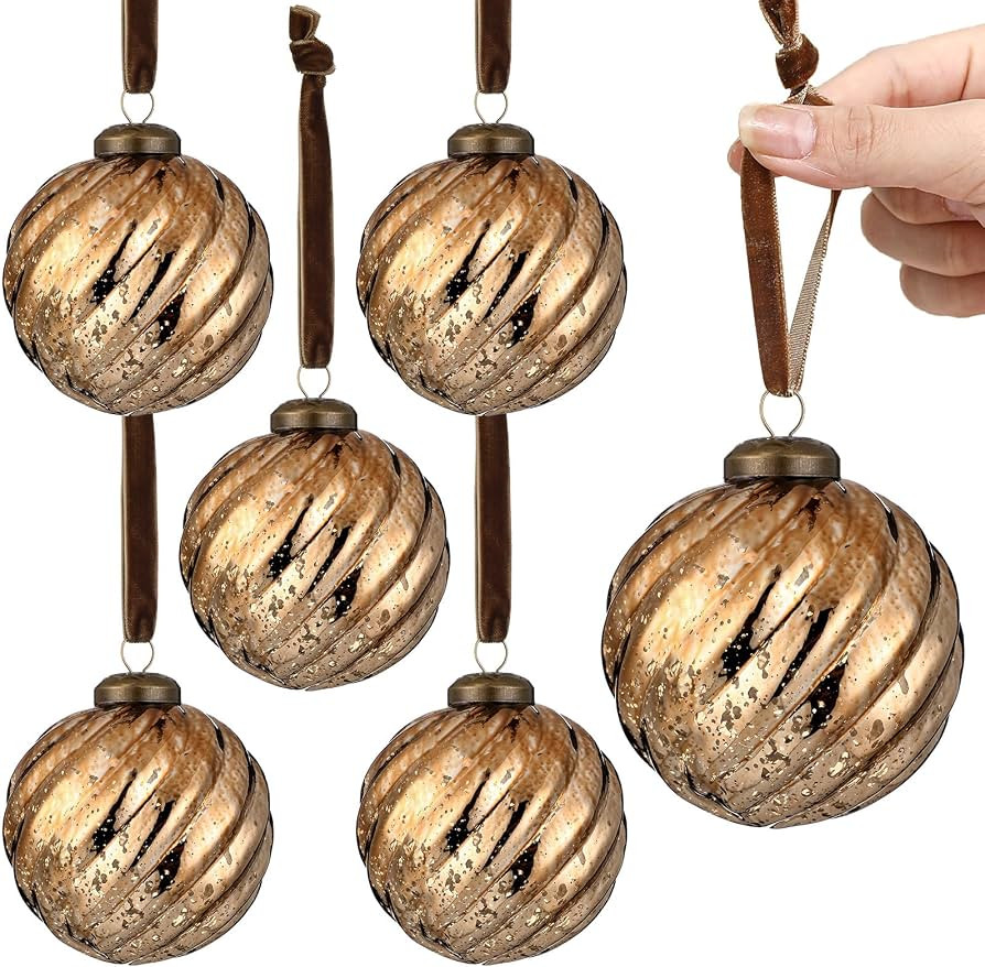 Threan 6 Pcs Brown Mercury Glass Christmas Ornaments, Twist Ball Decor | Amazon (US)