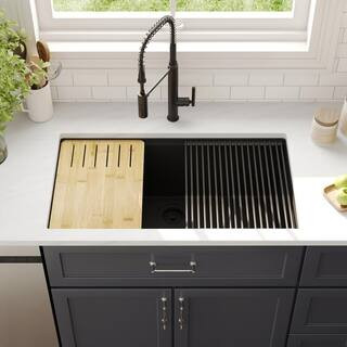Workstation 33 in. Undermount Quartz Composite Single Bowl Kitchen Sink in Matte Black with Acces... | The Home Depot