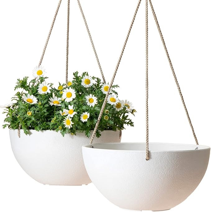 White Hanging Planter Basket - 10 Inch Indoor Outdoor Flower Pots, Plant Containers with Drainage... | Amazon (US)