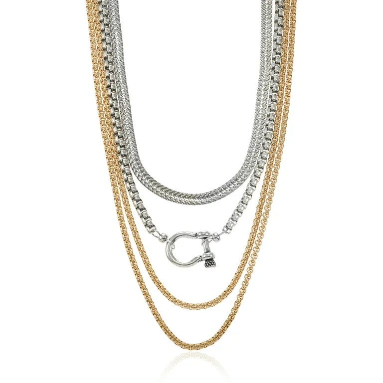 No Boundaries 16" Mixed Metal Multi Row Necklaces Set, 4-Pieces, Women’s - Walmart.com | Walmart (US)