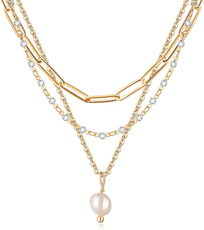 MJartoria Gold Layered Necklaces for Women Trendy Retro Pearl Pendant Gold Necklace Dainty Link C... | Amazon (US)