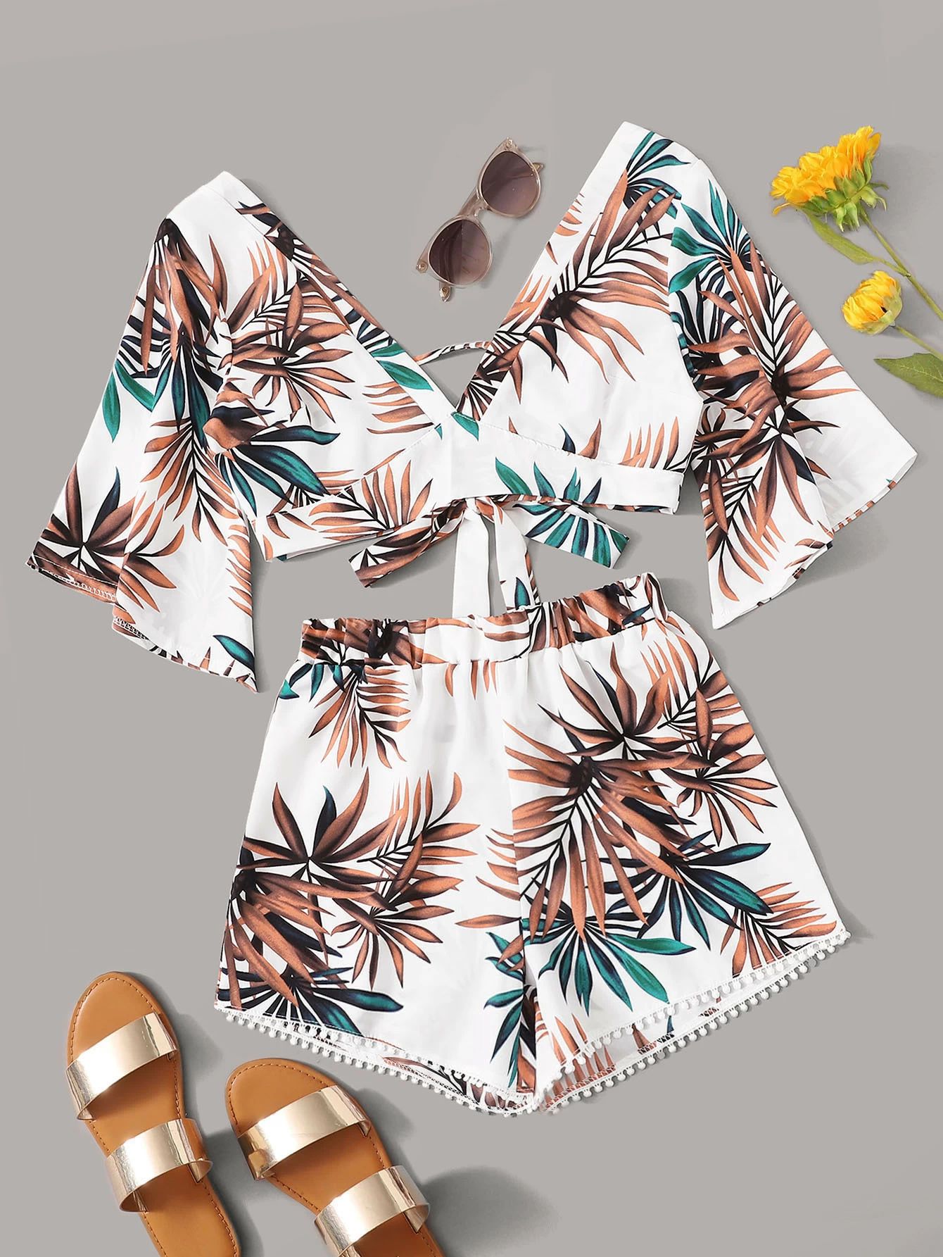 Tropical Plunging Crop Top & Pompom Shorts | SHEIN
