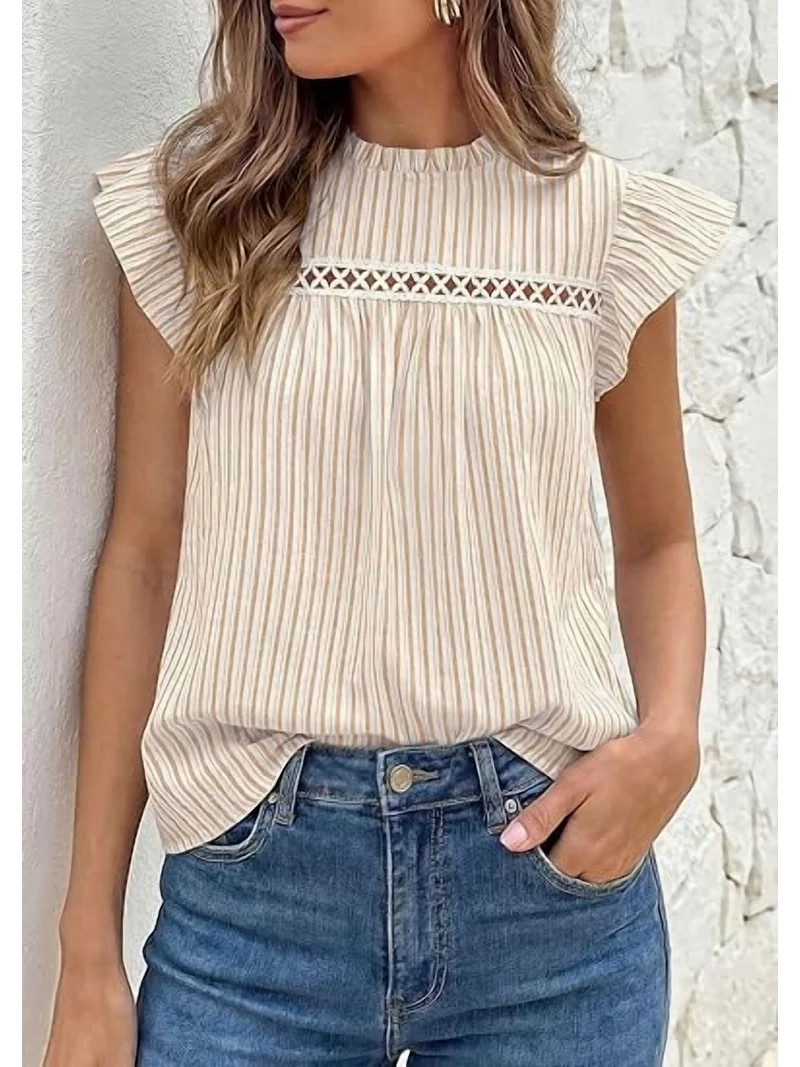 PRETTYGARDEN Striped Shirt Womens Summer Tops Spring Business Casual Work Dressy Crochet Lace Ruf... | Walmart (US)