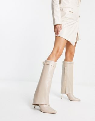 ASOS DESIGN Clearly high-heeled fold over knee boots in cream | ASOS (Global)